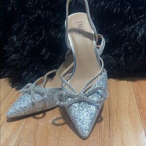 INC International Concepts Silver Glitter Bow Heels